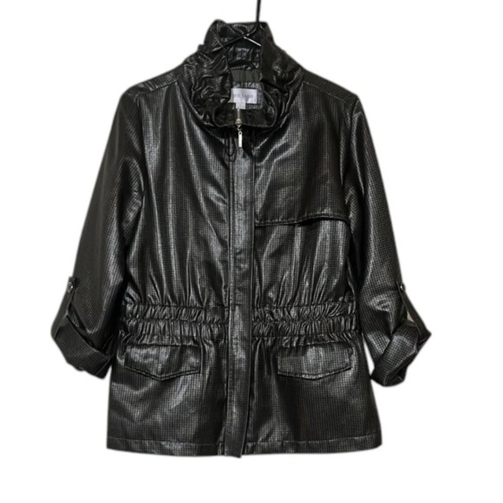 Erin London Gray and Black Windowpane Plaid Zip Front Lightweight Jacket NWOT